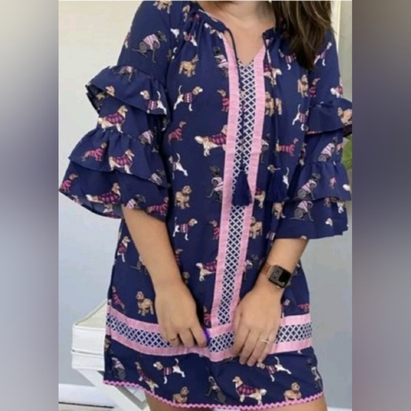 Simply Southern Dog Print Bell Sleeve Dress Boho Preppy Dogs In Jackets L - Picture 1 of 7